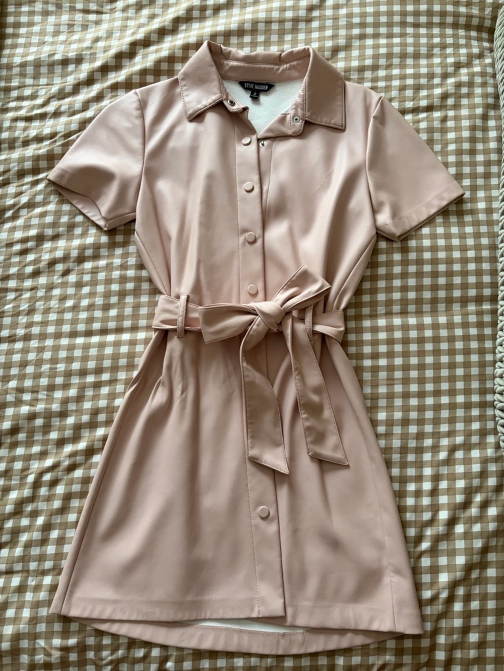 Steve Madden Blush Pink Short-Sleeve Tie-Waist Leather Mini Dress